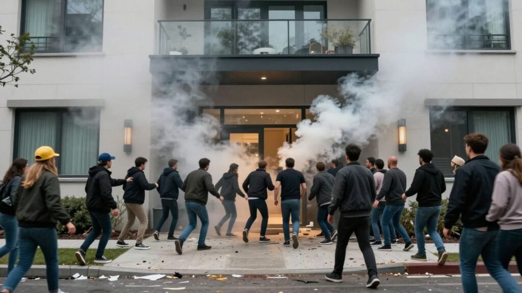 Mob storms luxury Los Angeles apartments, causing chaos and destruction.