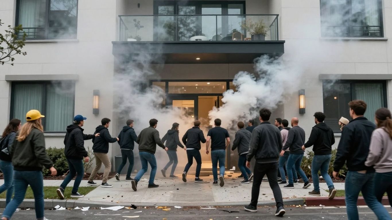 Mob storms luxury Los Angeles apartments, causing chaos and destruction.