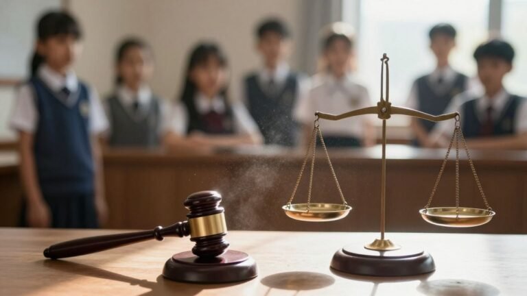 Courtroom gavel and scales of justice, divided figures.