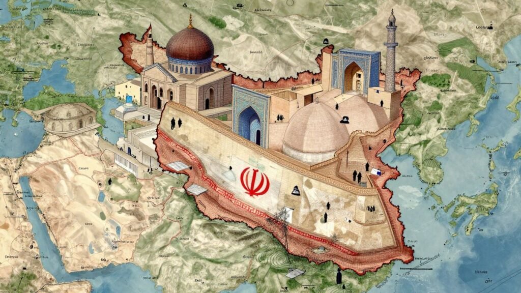 Iran's political landscape with landmarks and subtle visual cues.