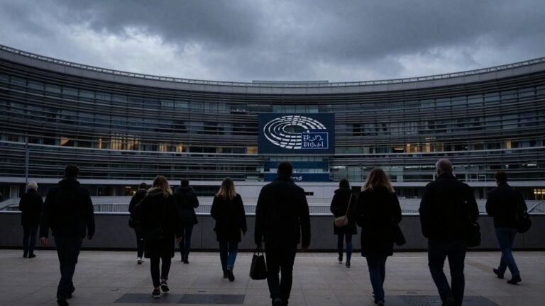 European Parliament building with distressed crowds approaching.