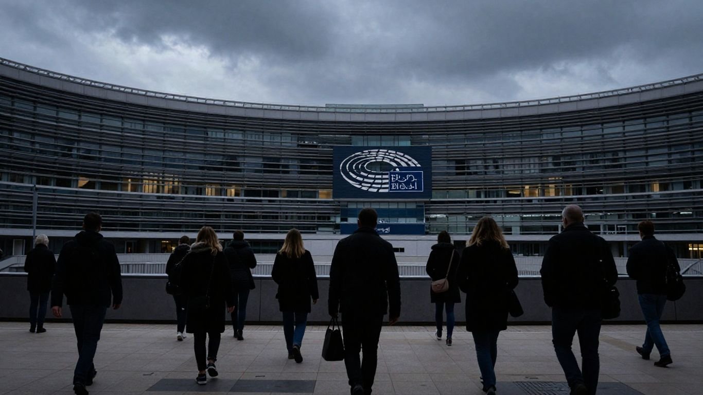 European Parliament building with distressed crowds approaching.