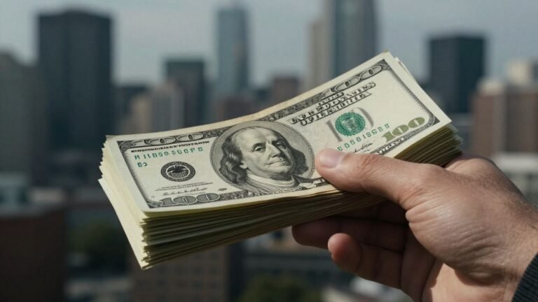 US dollar bills held in hand with city skyline background.