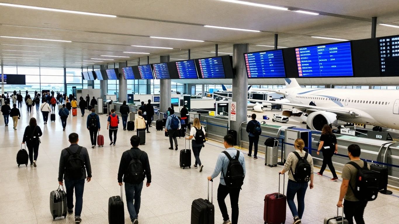 Travelers in airport with planes outside window.