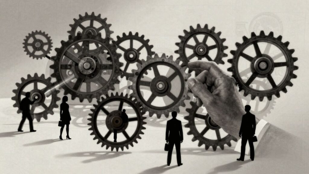 Shadowy hand controlling Western institutional machinery.