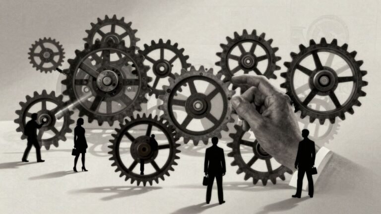 Shadowy hand controlling Western institutional machinery.