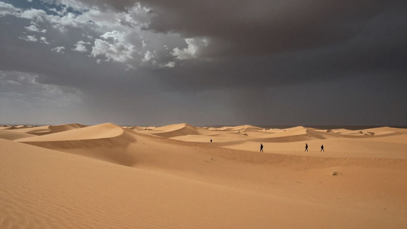 Desert dunes under a stormy sky with distant figures.