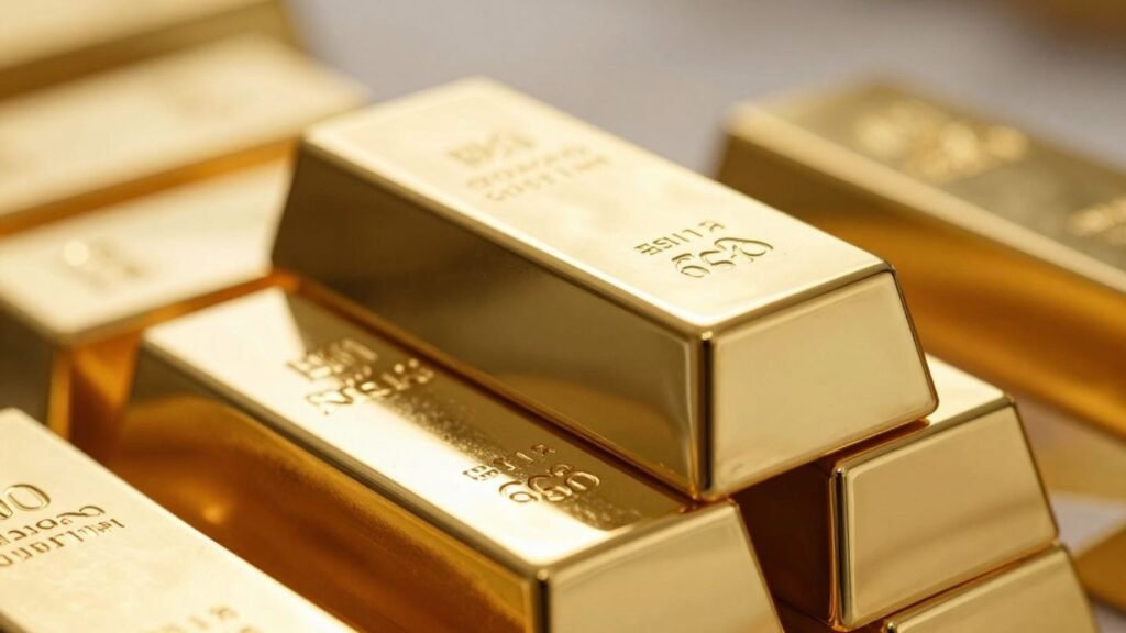 Gold bars stacked, reflecting light.