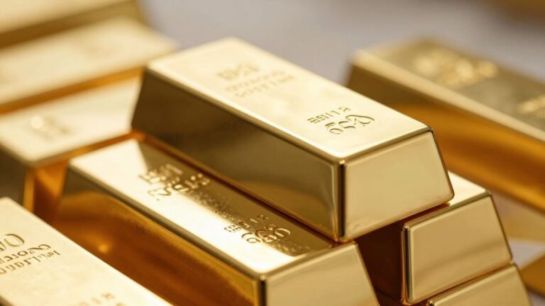 Gold bars stacked, reflecting light.