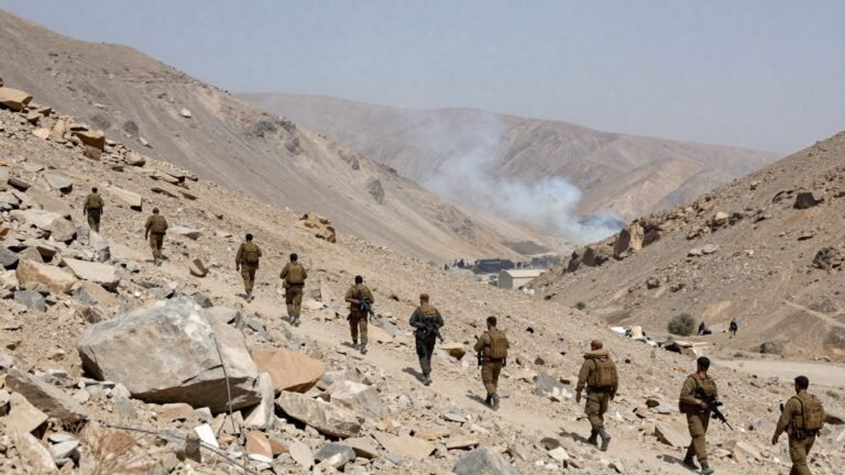 Kurdish fighters advance in a mountainous border region.