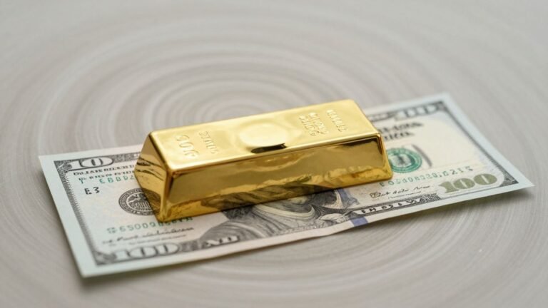 Gold bar and dollar bill intertwined.