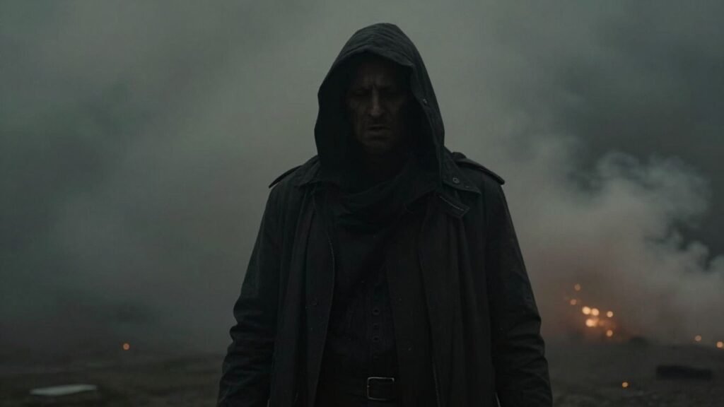 Iranian leader in distress amidst explosions and smoke.