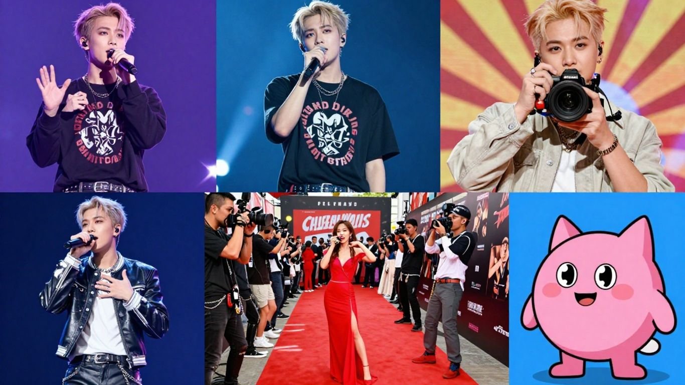 Collage of viral entertainment stories: pop star, red carpet, meme.