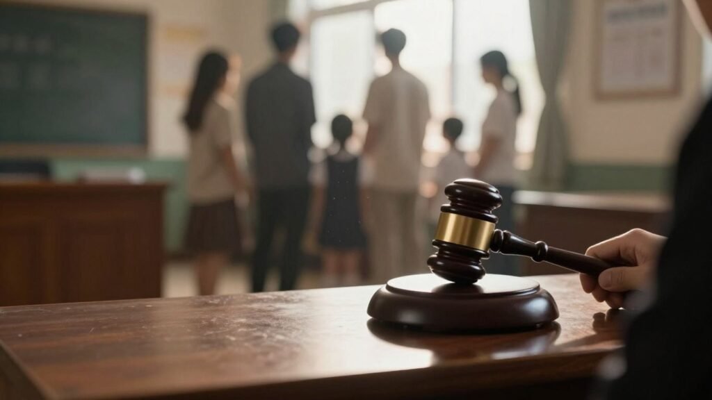 Parents and children in front of school, courtroom gavel.