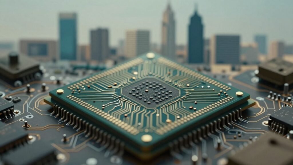 Microchip with Middle Eastern cityscape and military hints.