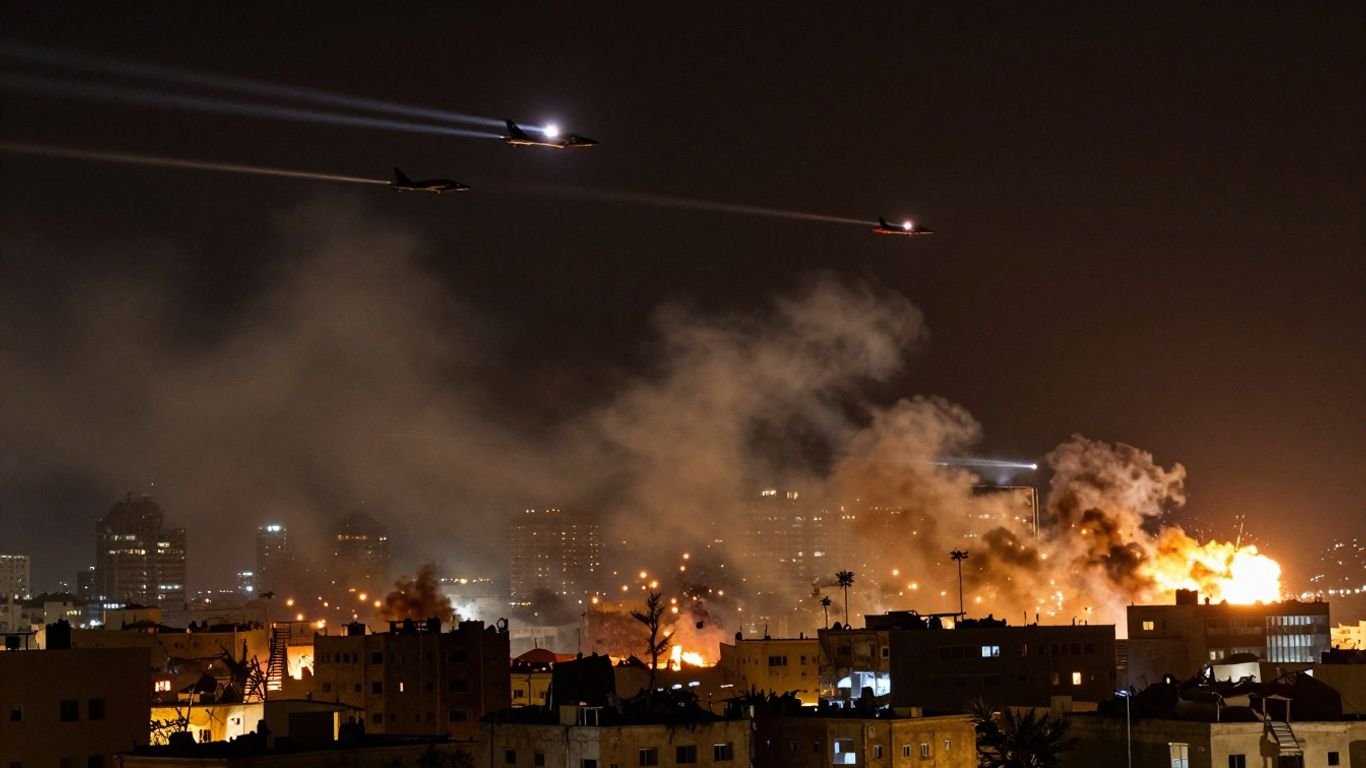 Explosions over city skyline with fighter jets.