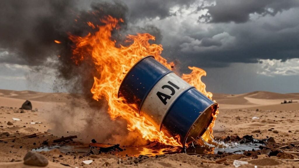 Oil barrel on fire, Middle East conflict backdrop.