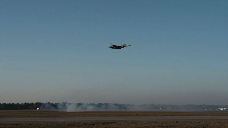 Jet fighter in sky above distant smoke plume.
