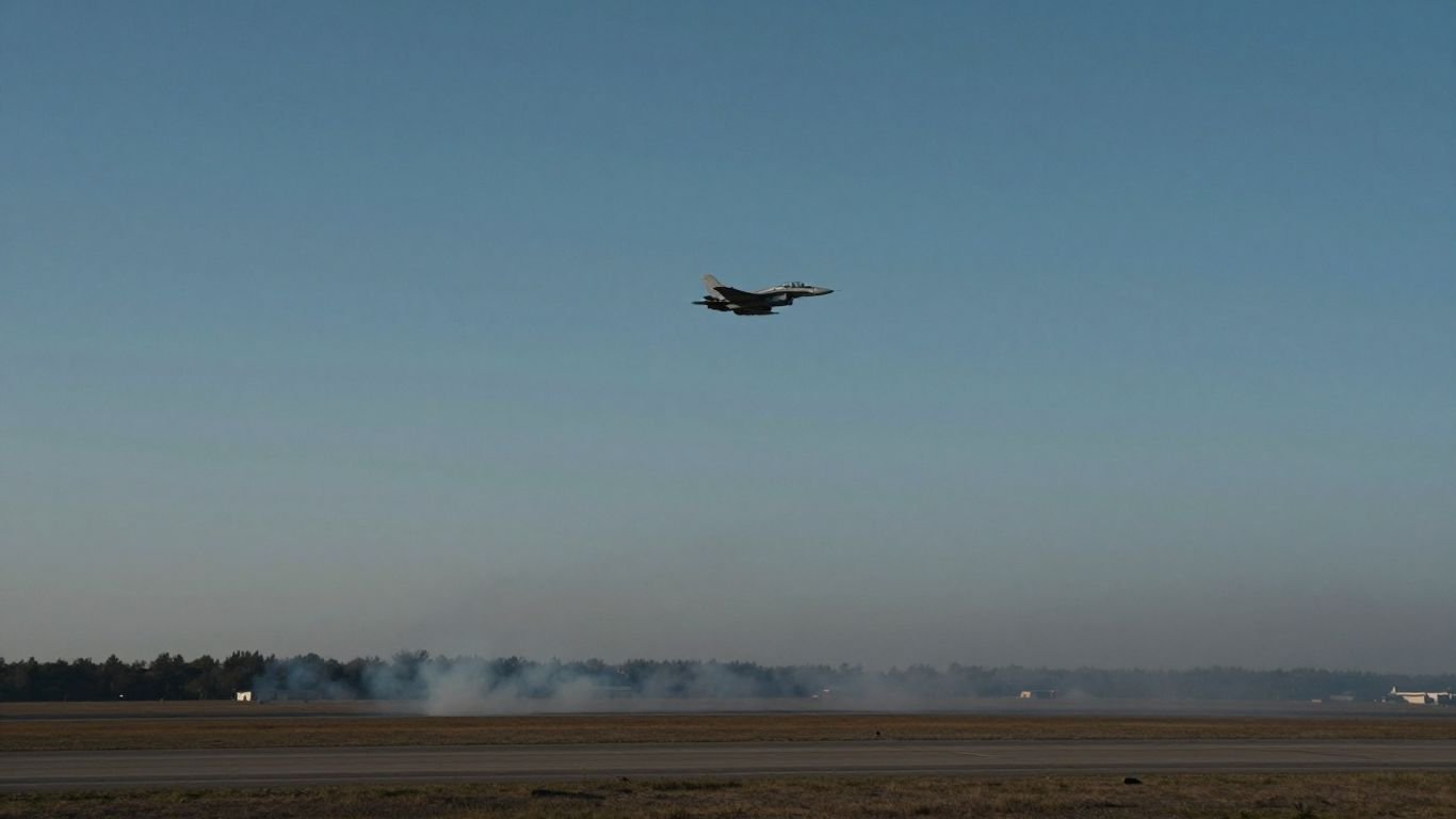 Jet fighter in sky above distant smoke plume.
