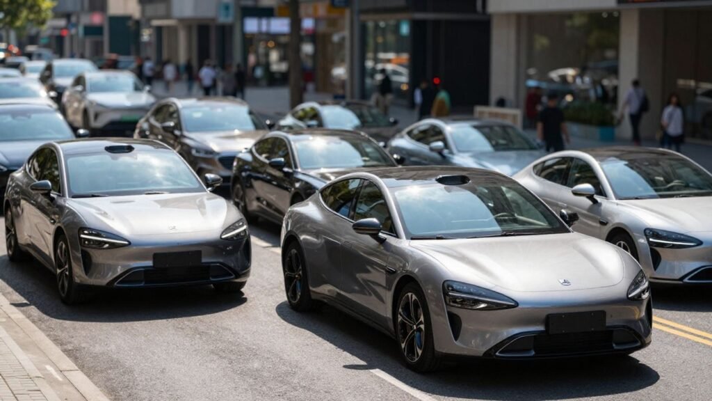 Electric vehicles in a modern city setting.