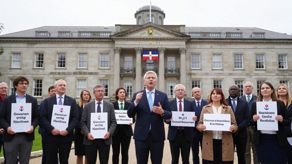 Jersey minister discusses migrant worker laws with a crowd.