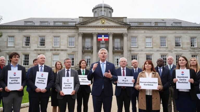 Jersey minister discusses migrant worker laws with a crowd.