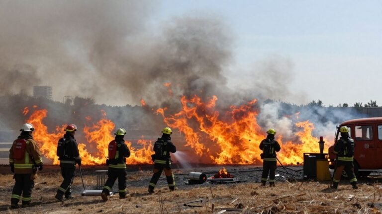 Firefighters battling a controlled blaze during a training exercise.