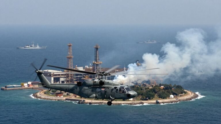 Military helicopter over oil terminal with smoke.