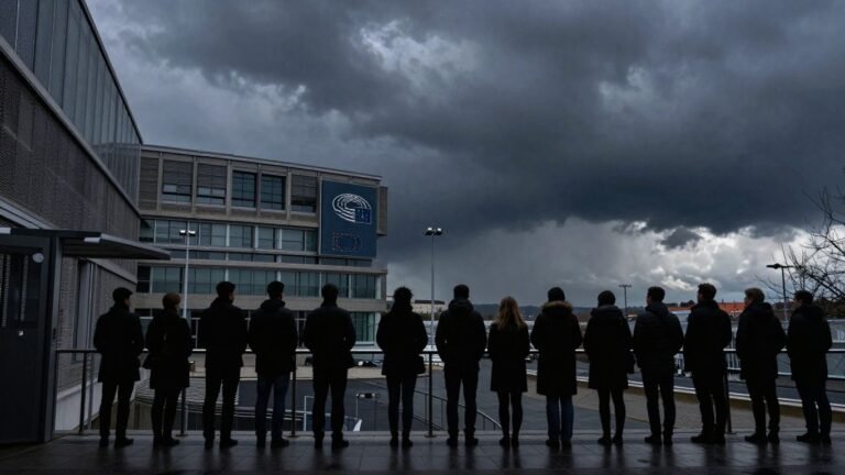 European Parliament building with silhouettes of people and stormy sky.