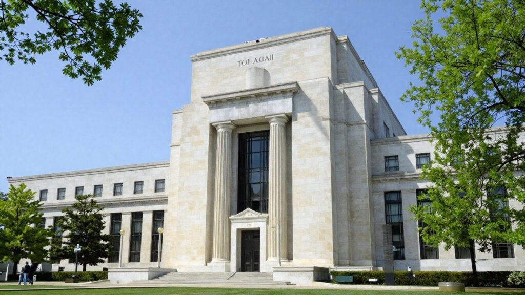 Federal Reserve building exterior on a clear day.