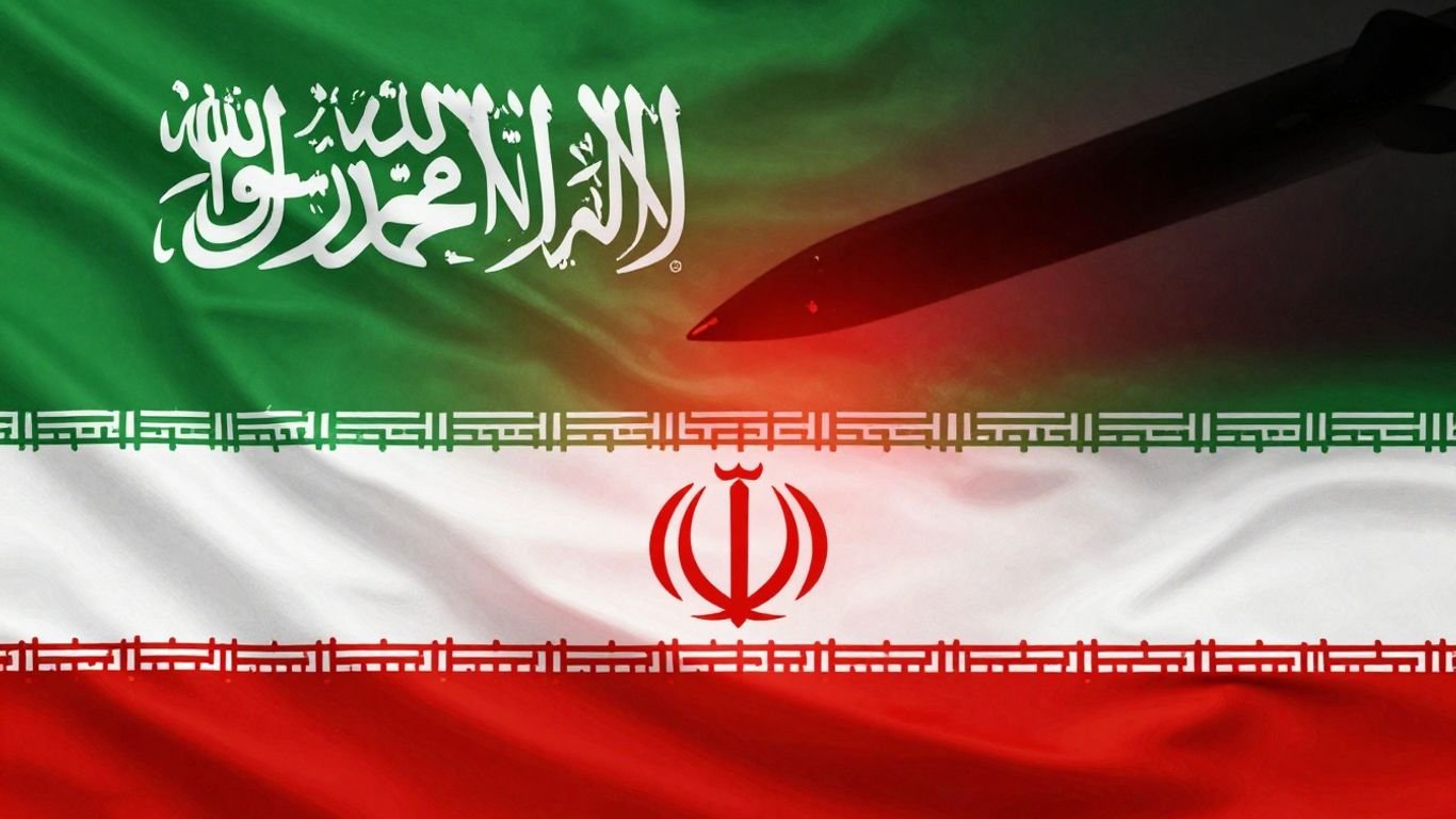 Saudi and Iran flags, missile silhouette, diplomatic tension.