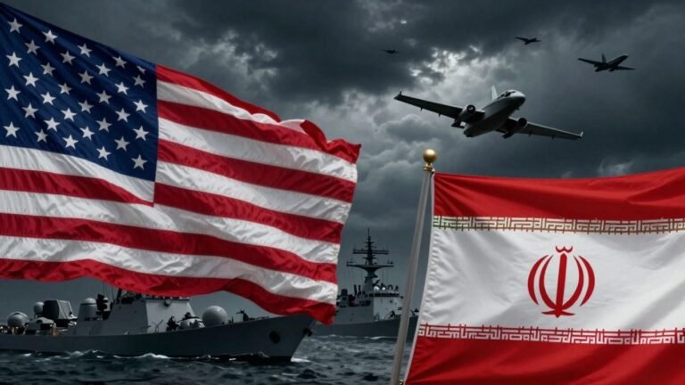 US and Iran flags in a tense standoff with military ships.