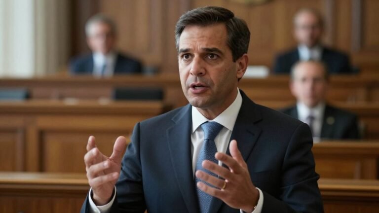 Politician speaking confidently, gesturing with hands.