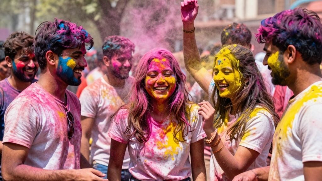 People celebrating Holi with colorful powders.