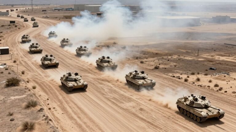 US military convoy in desert with distant smoke.