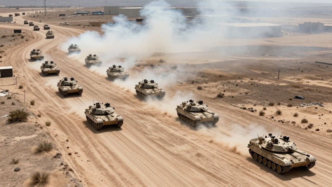 US military convoy in desert with distant smoke.