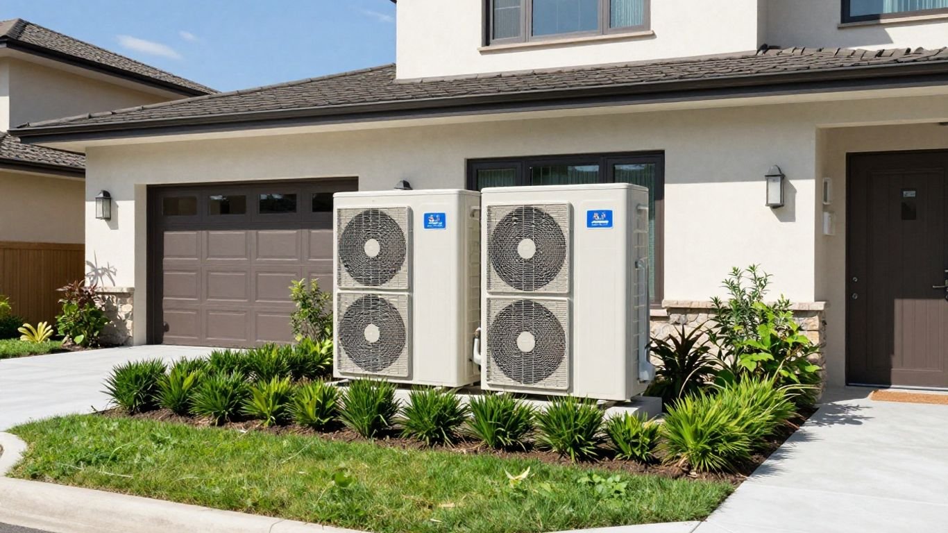 Modern home with visible outdoor heat pump unit