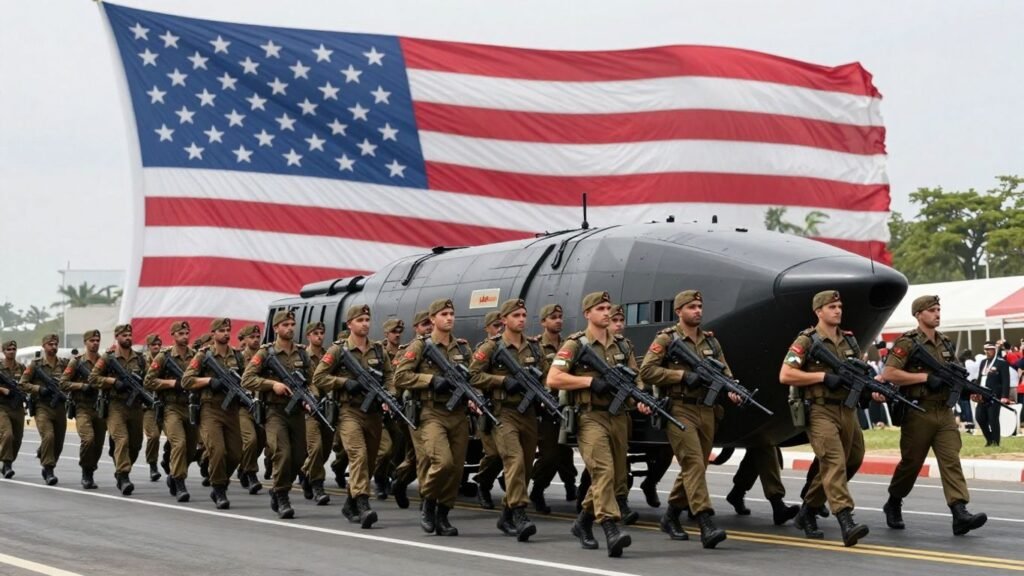 Iranian military parade with a diminished US flag in background.
