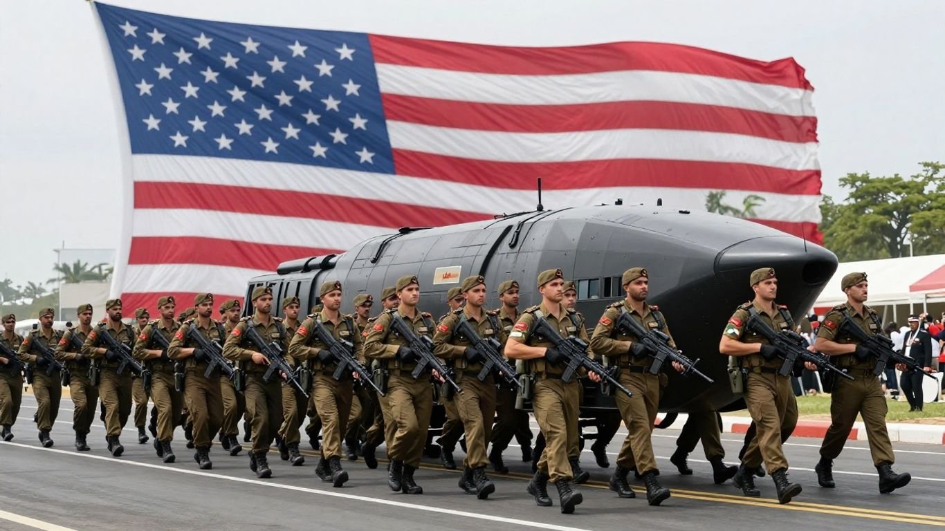 Iranian military parade with a diminished US flag in background.