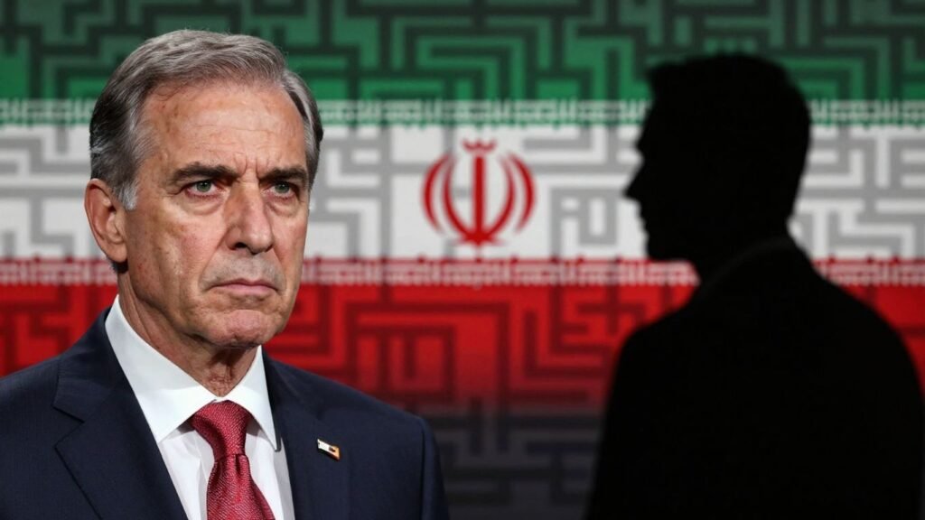 US President facing a complex maze with Iranian flag.