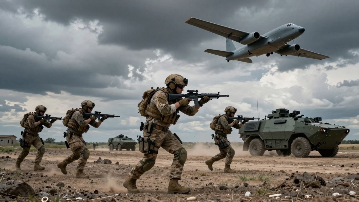 Modern military forces in action with aircraft and vehicles.
