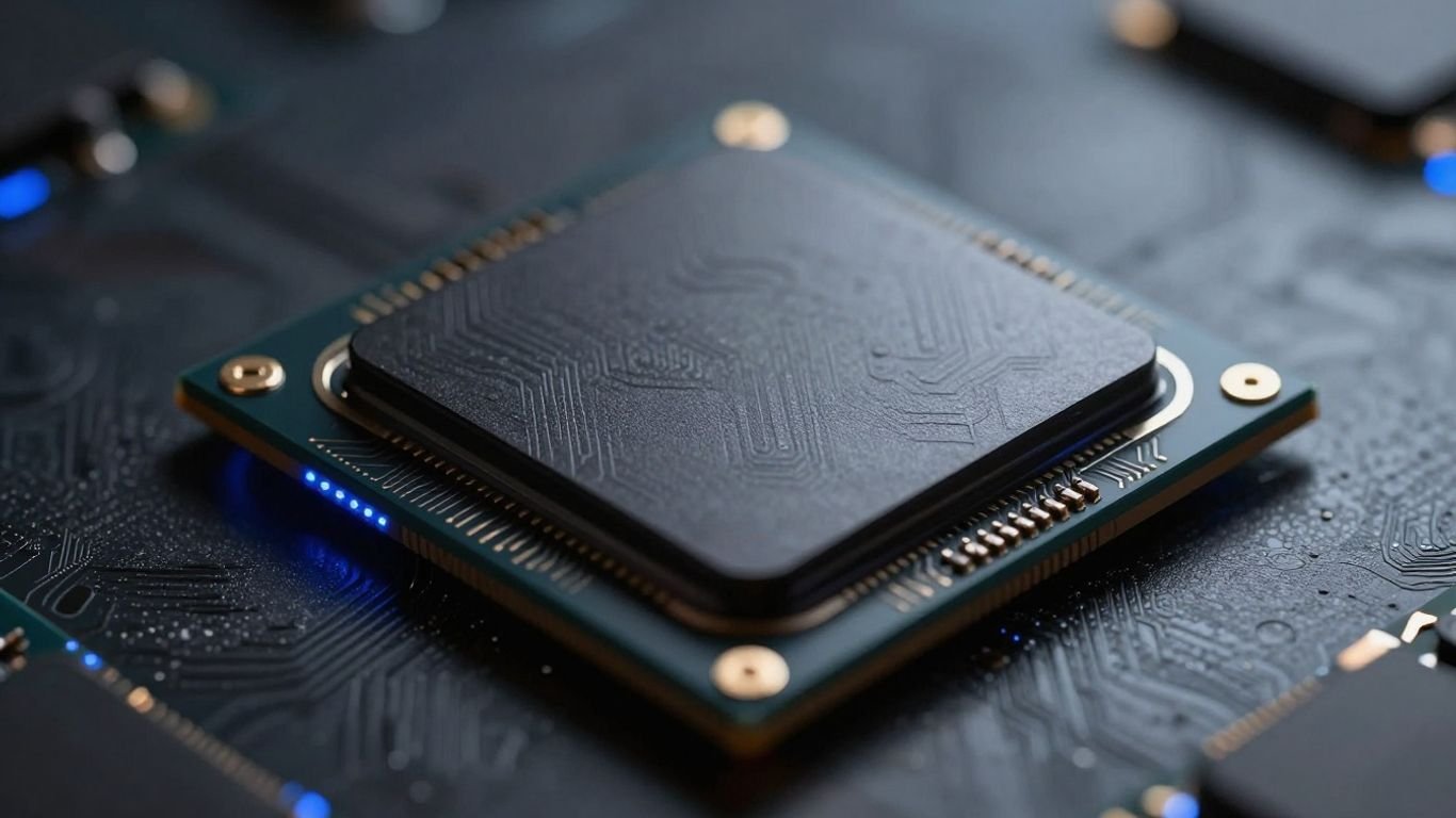 Nvidia AI chip with glowing blue lights.