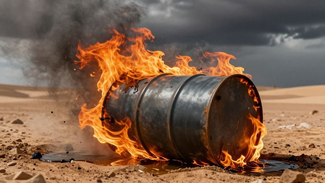 Oil barrel on fire, Middle East conflict backdrop.
