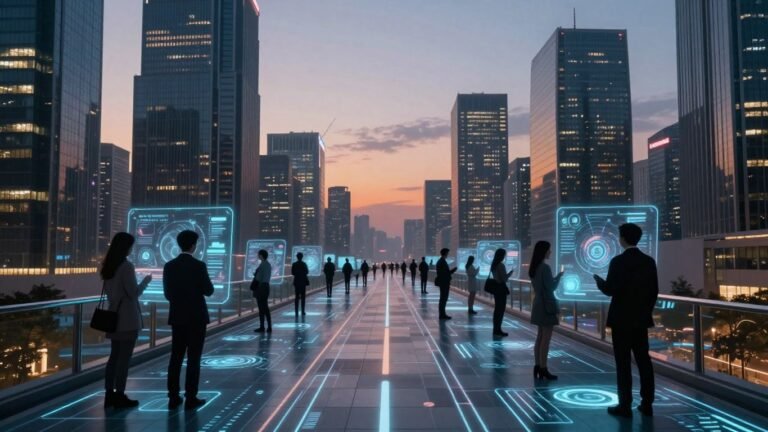 AI and privacy concepts visualized in a futuristic city.
