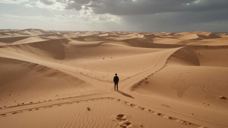 US foreign policy crossroads in a desert landscape.
