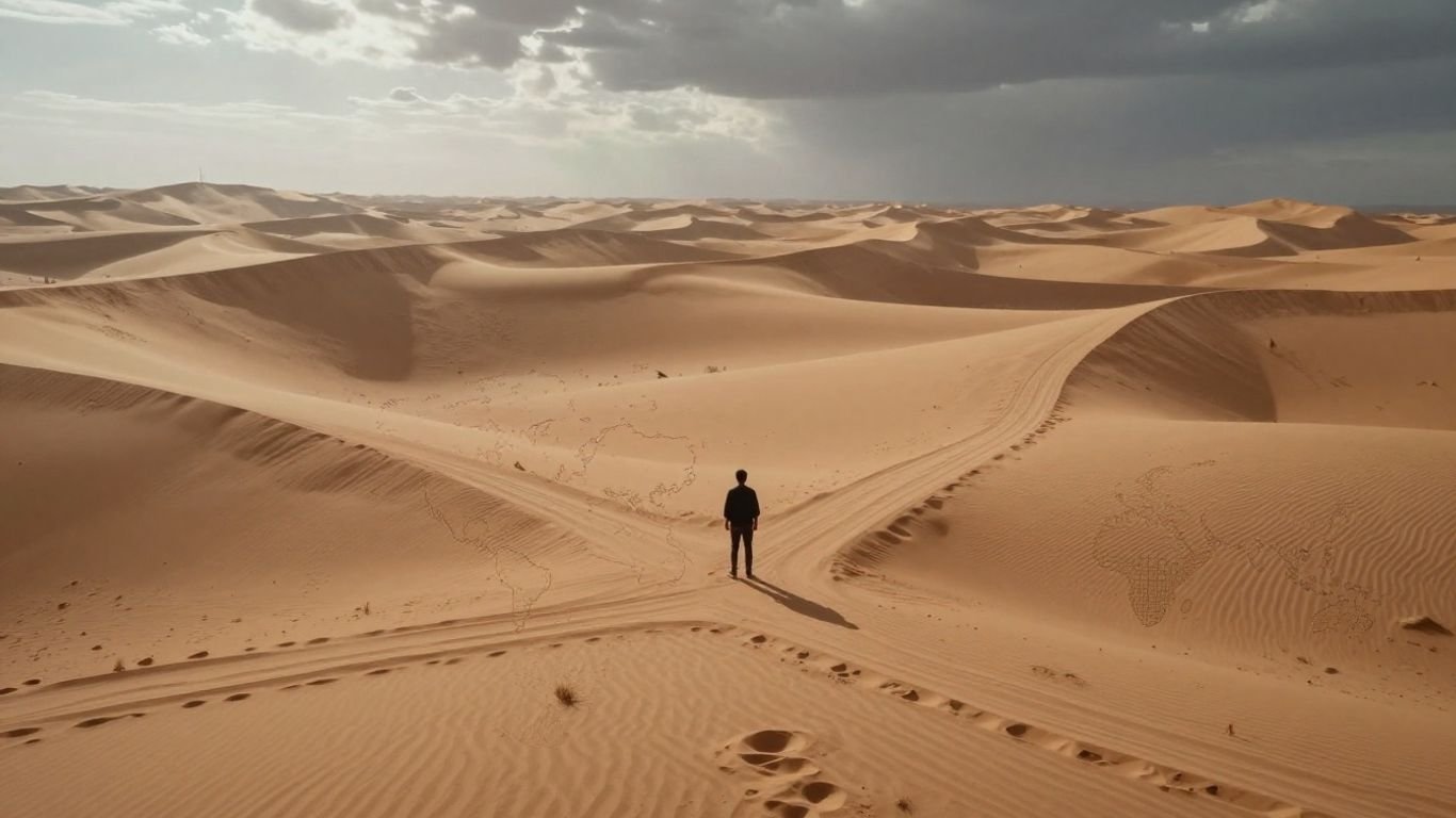 US foreign policy crossroads in a desert landscape.