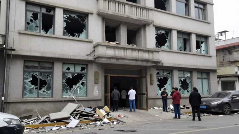 Luxury apartment building damaged by mob in early morning chaos.