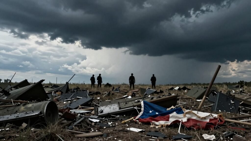 Battlefield with stormy sky and silhouetted figures.