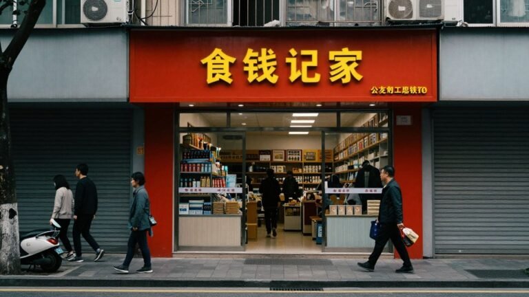 Chinese street with few shoppers and one bright storefront.
