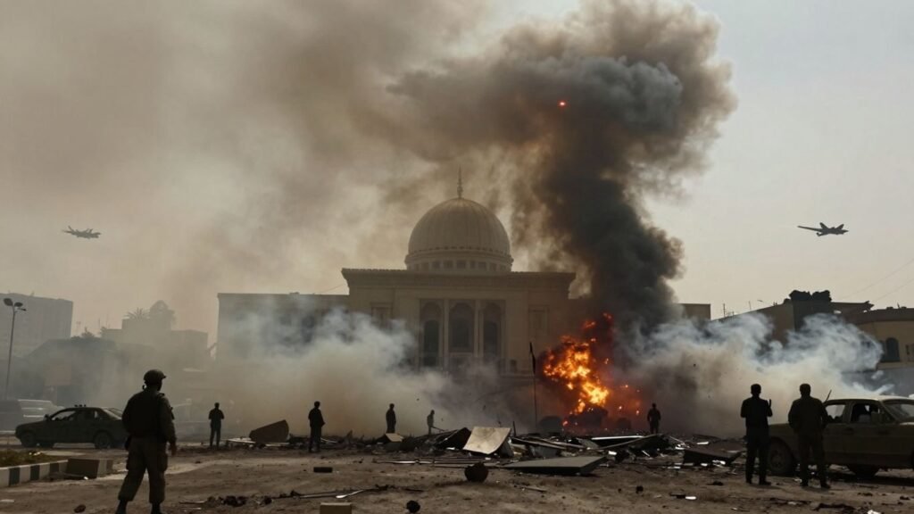 Explosion near Middle Eastern government building, military aircraft in distance.